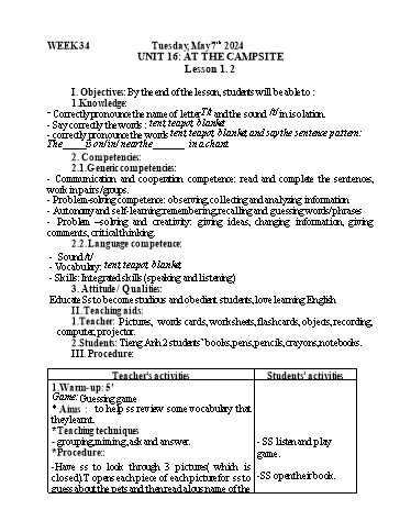 Kế hoạch bài dạy Tiếng Anh 2 - Tuần 34 - Năm học 2023-2024 - Nguyễn Thị Mỹ Hiền