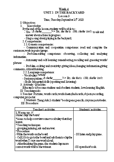 Kế hoạch bài dạy Tiếng Anh 2 - Tuần 4 - Năm học 2023-2024 - Nguyễn Thị Hồng Thắm