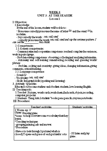 Kế hoạch bài dạy Tiếng Anh 2 - Tuần 5 - Năm học 2023-2024 - Nguyễn Thị Hồng Thắm