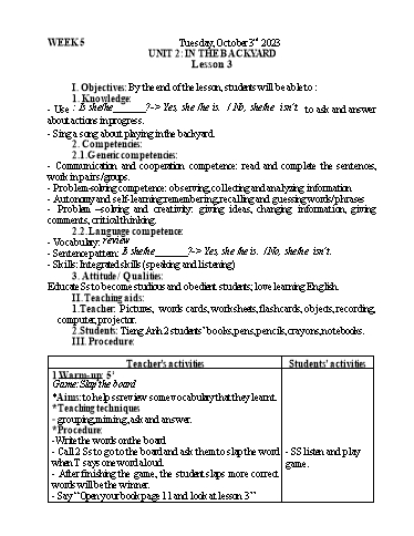 Kế hoạch bài dạy Tiếng Anh 2 - Tuần 5 - Năm học 2023-2024 - Nguyễn Thị Mỹ Hiền