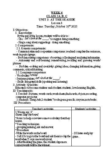 Kế hoạch bài dạy Tiếng Anh 2 - Tuần 6 - Năm học 2023-2024 - Nguyễn Thị Hồng Thắm