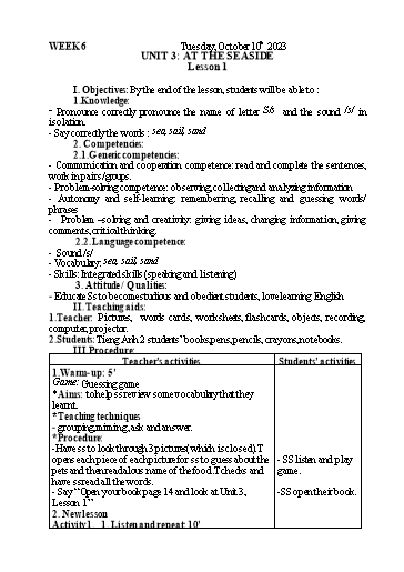 Kế hoạch bài dạy Tiếng Anh 2 - Tuần 6 - Năm học 2023-2024 - Nguyễn Thị Mỹ Hiền