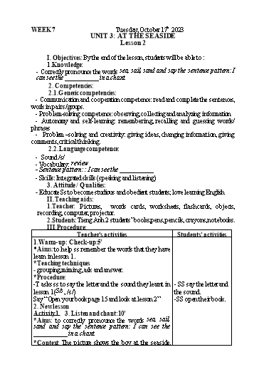 Kế hoạch bài dạy Tiếng Anh 2 - Tuần 7 - Năm học 2023-2024 - Nguyễn Thị Mỹ Hiền
