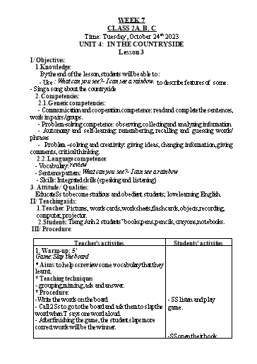Kế hoạch bài dạy Tiếng Anh 2 - Tuần 7 - Năm học 2023-2024 - Nguyễn Thị Hồng Thắm