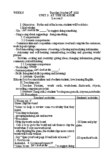 Kế hoạch bài dạy Tiếng Anh 2 - Tuần 8 - Năm học 2023-2024 - Nguyễn Thị Mỹ Hiền