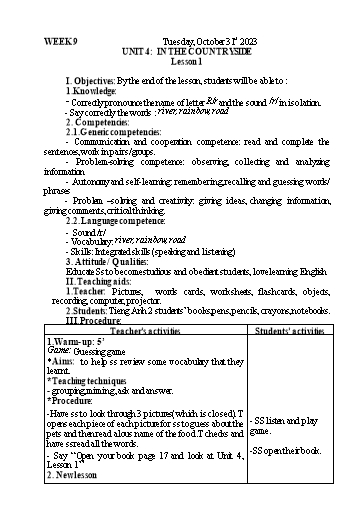 Kế hoạch bài dạy Tiếng Anh 2 - Tuần 9 - Năm học 2023-2024 - Nguyễn Thị Mỹ Hiền