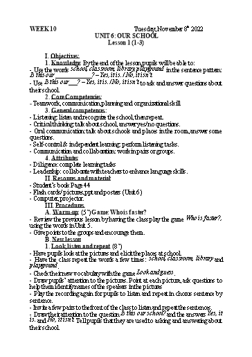 Kế hoạch bài dạy Tiếng Anh 3 - Tuần 10 - Năm học 2022-2023 - Nguyễn Thị Mỹ Hiền