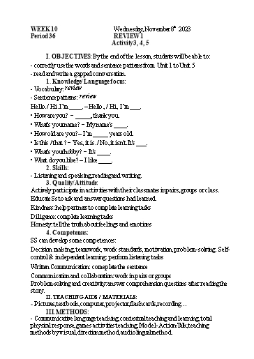 Kế hoạch bài dạy Tiếng Anh 3 - Tuần 10 - Năm học 2023-2024 - Nguyễn Thị Mỹ Hiền