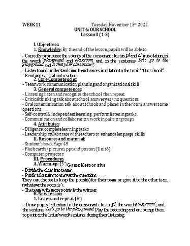 Kế hoạch bài dạy Tiếng Anh 3 - Tuần 11 - Năm học 2022-2023 - Nguyễn Thị Mỹ Hiền