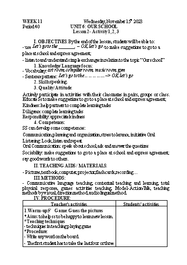 Kế hoạch bài dạy Tiếng Anh 3 - Tuần 11 - Năm học 2023-2024 - Nguyễn Thị Mỹ Hiền
