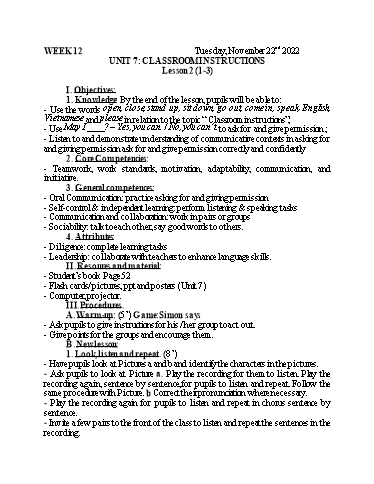 Kế hoạch bài dạy Tiếng Anh 3 - Tuần 12 - Năm học 2022-2023 - Nguyễn Thị Mỹ Hiền
