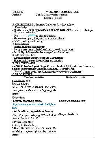 Kế hoạch bài dạy Tiếng Anh 3 - Tuần 12 - Năm học 2023-2024 - Nguyễn Thị Mỹ Hiền