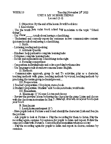 Kế hoạch bài dạy Tiếng Anh 3 - Tuần 13 - Năm học 2022-2023 - Nguyễn Thị Mỹ Hiền