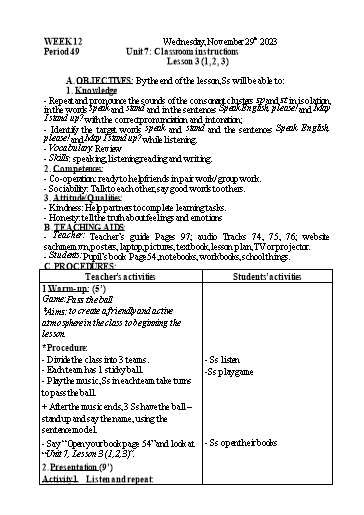 Kế hoạch bài dạy Tiếng Anh 3 - Tuần 13 - Năm học 2023-2024 - Nguyễn Thị Mỹ Hiền