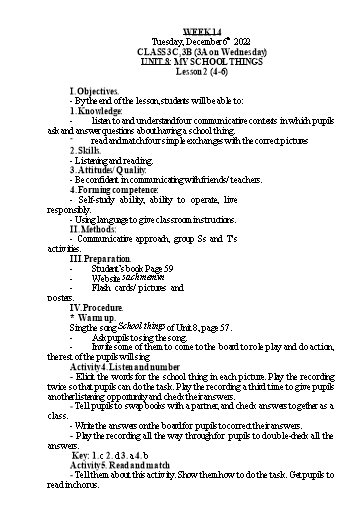 Kế hoạch bài dạy Tiếng Anh 3 - Tuần 14 - Năm học 2022-2023 - Nguyễn Thị Hồng Thắm