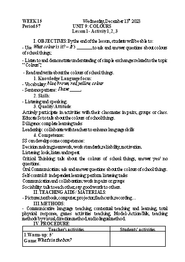Kế hoạch bài dạy Tiếng Anh 3 - Tuần 15 - Năm học 2023-2024 - Nguyễn Thị Mỹ Hiền