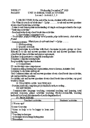 Kế hoạch bài dạy Tiếng Anh 3 - Tuần 17 - Năm học 2023-2024 - Nguyễn Thị Mỹ Hiền