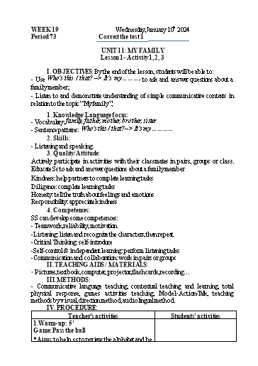 Kế hoạch bài dạy Tiếng Anh 3 - Tuần 19 - Năm học 2023-2024 - Nguyễn Thị Mỹ Hiền
