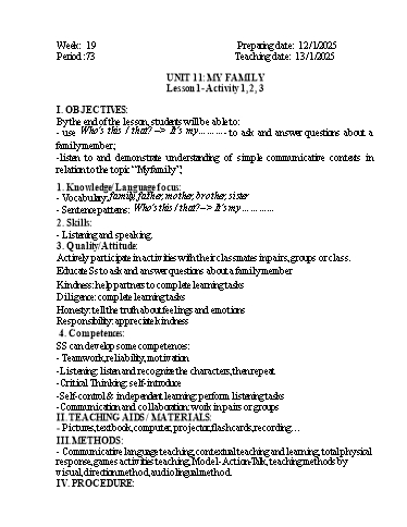 Kế hoạch bài dạy Tiếng Anh 3 - Tuần 19 - Năm học 2024-2025 - Phan Thị Phương Anh