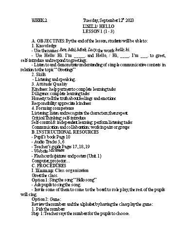 Kế hoạch bài dạy Tiếng Anh 3 - Tuần 2 - Năm học 2023-2024 - Nguyễn Thị Mỹ Hiền