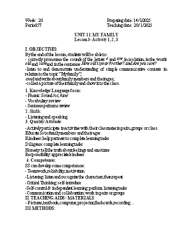 Kế hoạch bài dạy Tiếng Anh 3 - Tuần 20 - Năm học 2024-2025 - Phan Thị Phương Anh