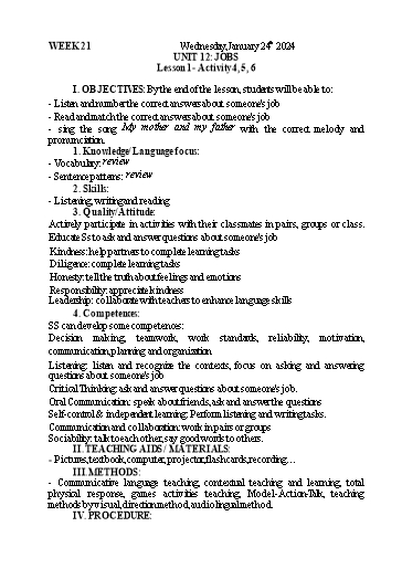 Kế hoạch bài dạy Tiếng Anh 3 - Tuần 21 - Năm học 2023-2024 - Nguyễn Thị Mỹ Hiền