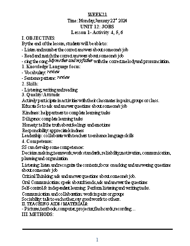 Kế hoạch bài dạy Tiếng Anh 3 - Tuần 21 - Năm học 2023-2024 - Nguyễn Thị Hồng Thắm
