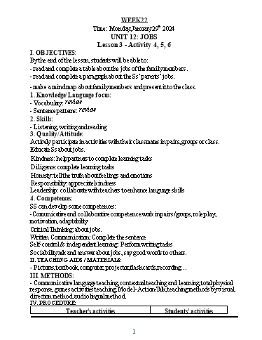 Kế hoạch bài dạy Tiếng Anh 3 - Tuần 22 - Năm học 2023-2024 - Nguyễn Thị Hồng Thắm