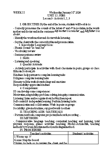 Kế hoạch bài dạy Tiếng Anh 3 - Tuần 22 - Năm học 2023-2024 - Nguyễn Thị Mỹ Hiền