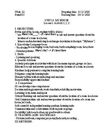 Kế hoạch bài dạy Tiếng Anh 3 - Tuần 22 - Năm học 2024-2025 - Phan Thị Phương Anh