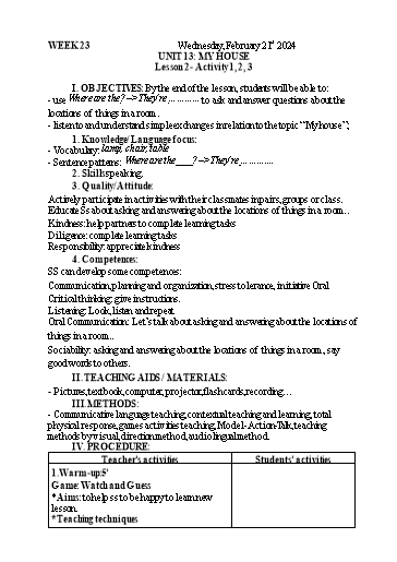 Kế hoạch bài dạy Tiếng Anh 3 - Tuần 23 - Năm học 2023-2024 - Nguyễn Thị Mỹ Hiền