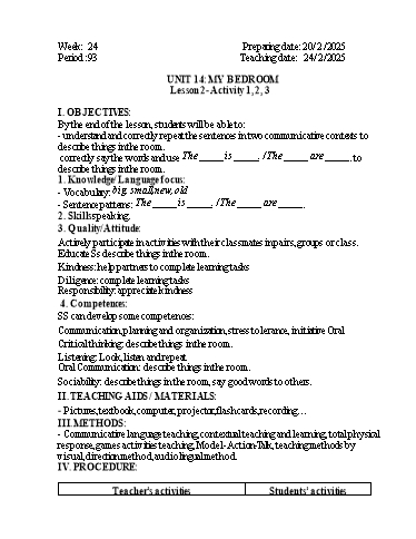 Kế hoạch bài dạy Tiếng Anh 3 - Tuần 24 - Năm học 2024-2025 - Phan Thị Phương Anh