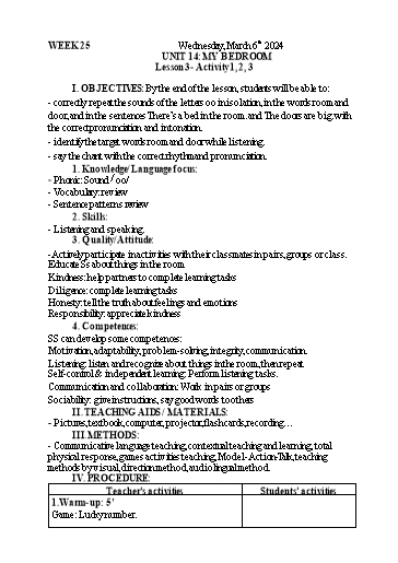 Kế hoạch bài dạy Tiếng Anh 3 - Tuần 25 - Năm học 2023-2024 - Nguyễn Thị Mỹ Hiền