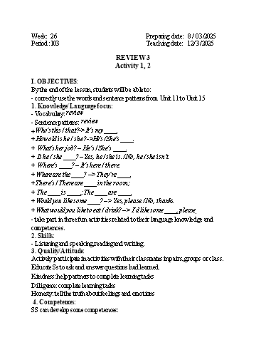 Kế hoạch bài dạy Tiếng Anh 3 - Tuần 26 - Năm học 2024-2025 - Phan Thị Phương Anh
