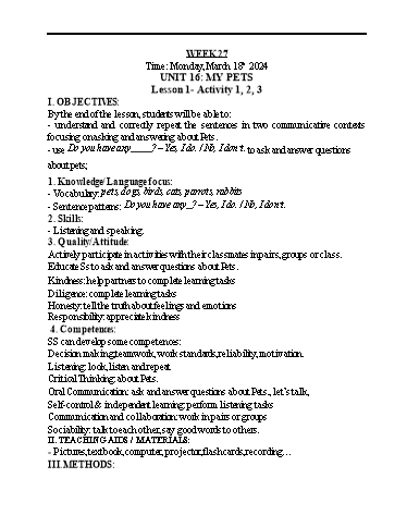 Kế hoạch bài dạy Tiếng Anh 3 - Tuần 27 - Năm học 2023-2024 - Nguyễn Thị Hồng Thắm