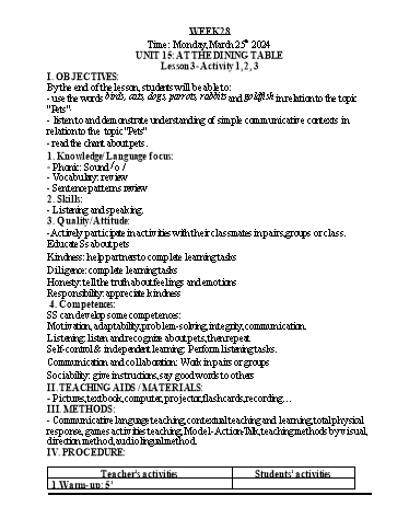 Kế hoạch bài dạy Tiếng Anh 3 - Tuần 28 - Năm học 2023-2024 - Nguyễn Thị Hồng Thắm