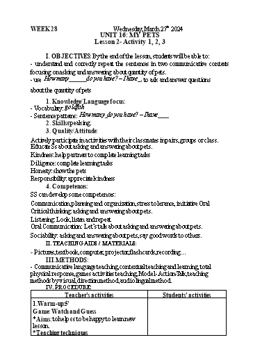 Kế hoạch bài dạy Tiếng Anh 3 - Tuần 28 - Năm học 2023-2024 - Nguyễn Thị Mỹ Hiền