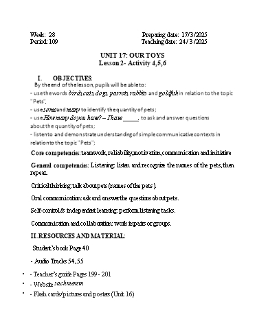 Kế hoạch bài dạy Tiếng Anh 3 - Tuần 28 - Năm học 2024-2025 - Phan Thị Phương Anh