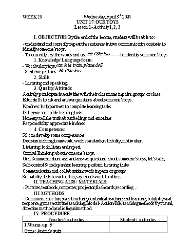 Kế hoạch bài dạy Tiếng Anh 3 - Tuần 29 - Năm học 2023-2024 - Nguyễn Thị Mỹ Hiền