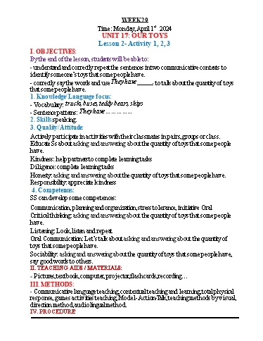 Kế hoạch bài dạy Tiếng Anh 3 - Tuần 29 - Năm học 2023-2024 - Nguyễn Thị Hồng Thắm