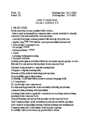 Kế hoạch bài dạy Tiếng Anh 3 - Tuần 29 - Năm học 2024-2025 - Phan Thị Phương Anh