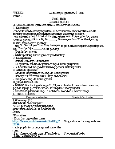 Kế hoạch bài dạy Tiếng Anh 3 - Tuần 3 - Năm học 2023-2024 - Nguyễn Thị Mỹ Hiền