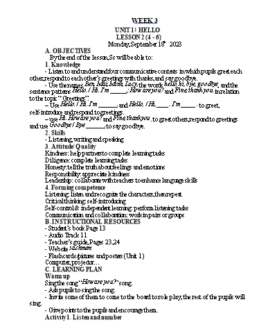 Kế hoạch bài dạy Tiếng Anh 3 - Tuần 3 - Năm học 2023-2024 - Nguyễn Thị Hồng Thắm
