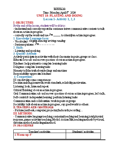 Kế hoạch bài dạy Tiếng Anh 3 - Tuần 30 - Năm học 2023-2024 - Nguyễn Thị Hồng Thắm