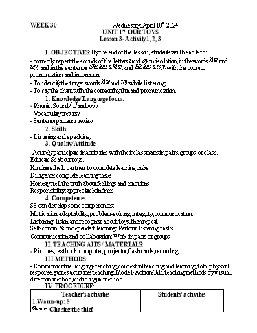 Kế hoạch bài dạy Tiếng Anh 3 - Tuần 30 - Năm học 2023-2024 - Nguyễn Thị Mỹ Hiền