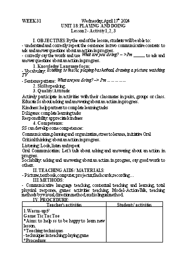 Kế hoạch bài dạy Tiếng Anh 3 - Tuần 31 - Năm học 2023-2024 - Nguyễn Thị Mỹ Hiền