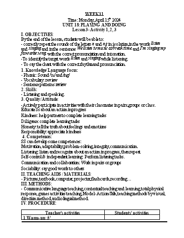 Kế hoạch bài dạy Tiếng Anh 3 - Tuần 31 - Năm học 2023-2024 - Nguyễn Thị Hồng Thắm