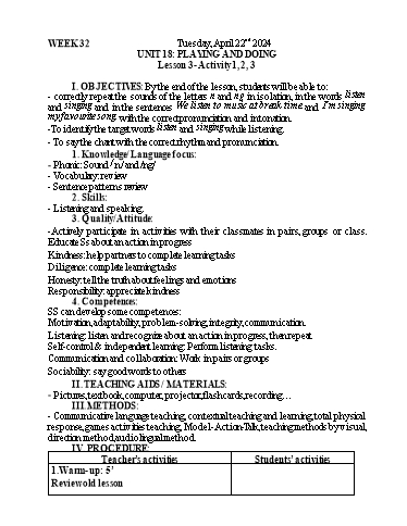 Kế hoạch bài dạy Tiếng Anh 3 - Tuần 32 - Năm học 2023-2024 - Nguyễn Thị Mỹ Hiền