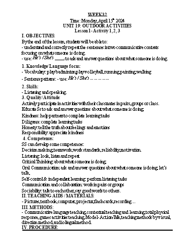 Kế hoạch bài dạy Tiếng Anh 3 - Tuần 32 - Năm học 2023-2024 - Nguyễn Thị Hồng Thắm