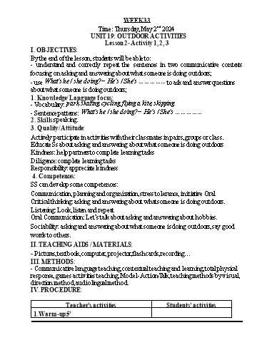 Kế hoạch bài dạy Tiếng Anh 3 - Tuần 33 - Năm học 2023-2024 - Nguyễn Thị Hồng Thắm